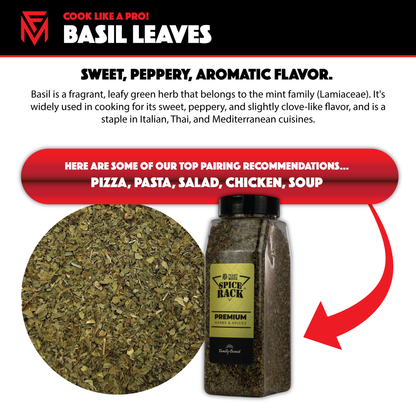 Bottle of dried basil leaves with text about its flavor and uses on a white background.