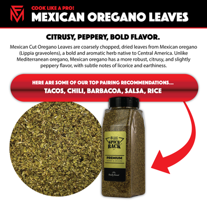 Spice rack Mexican oregano leaves packaging with text on a white background