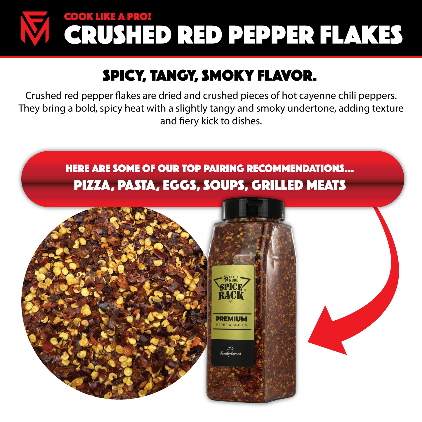 Spice rack crushed red pepper flakes with text on a white background