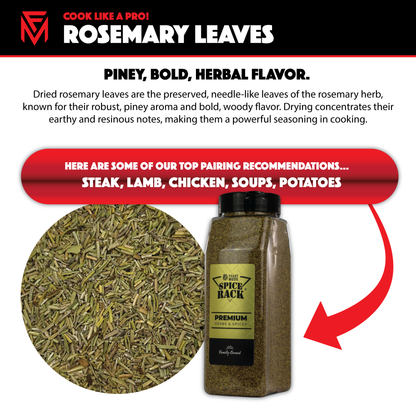 Advertisement for rosemary leaves with a bottle and text about flavor and pairings.